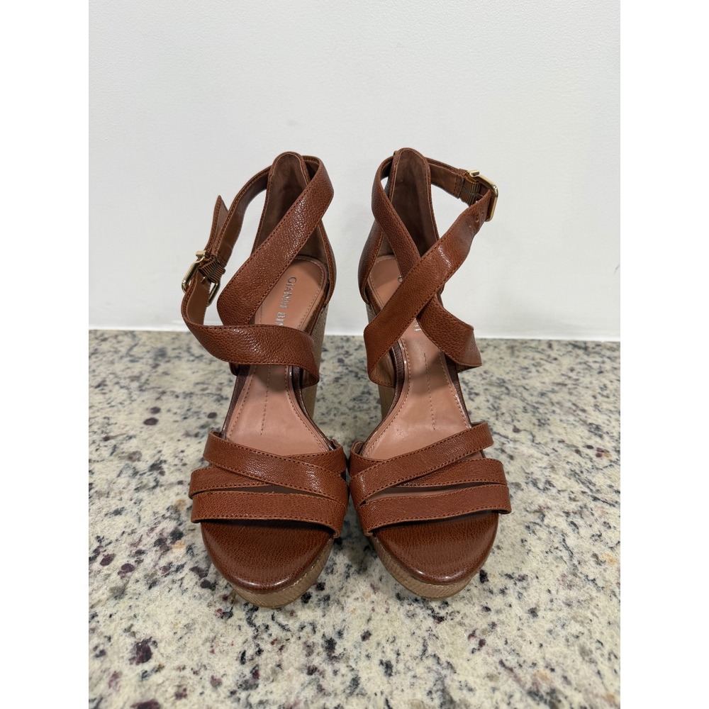Gianni Bini Brown Leather Wedge Sandals Multi Strap Platform Heels Womens 6M